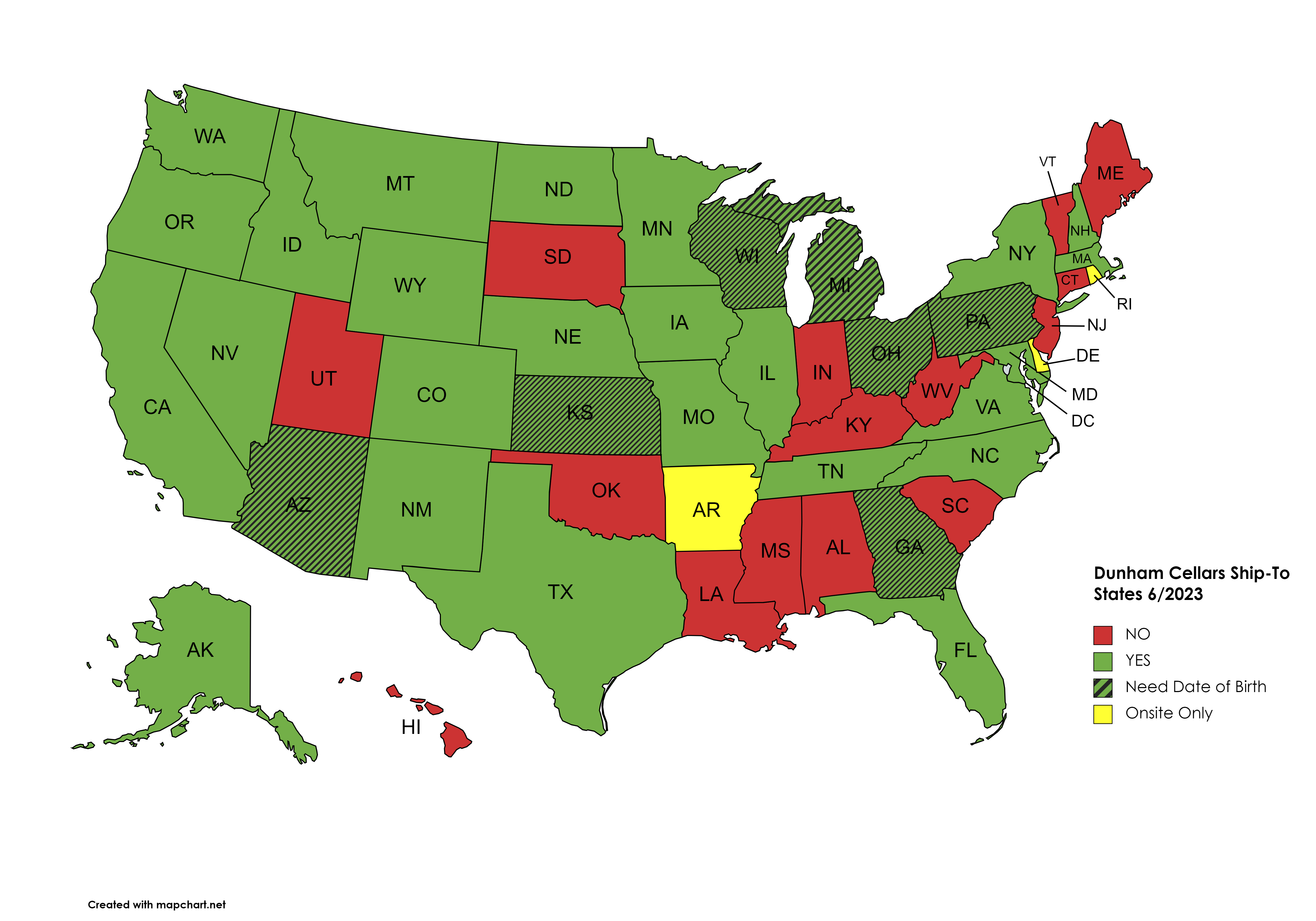 US Map indicating which states are available to ship to