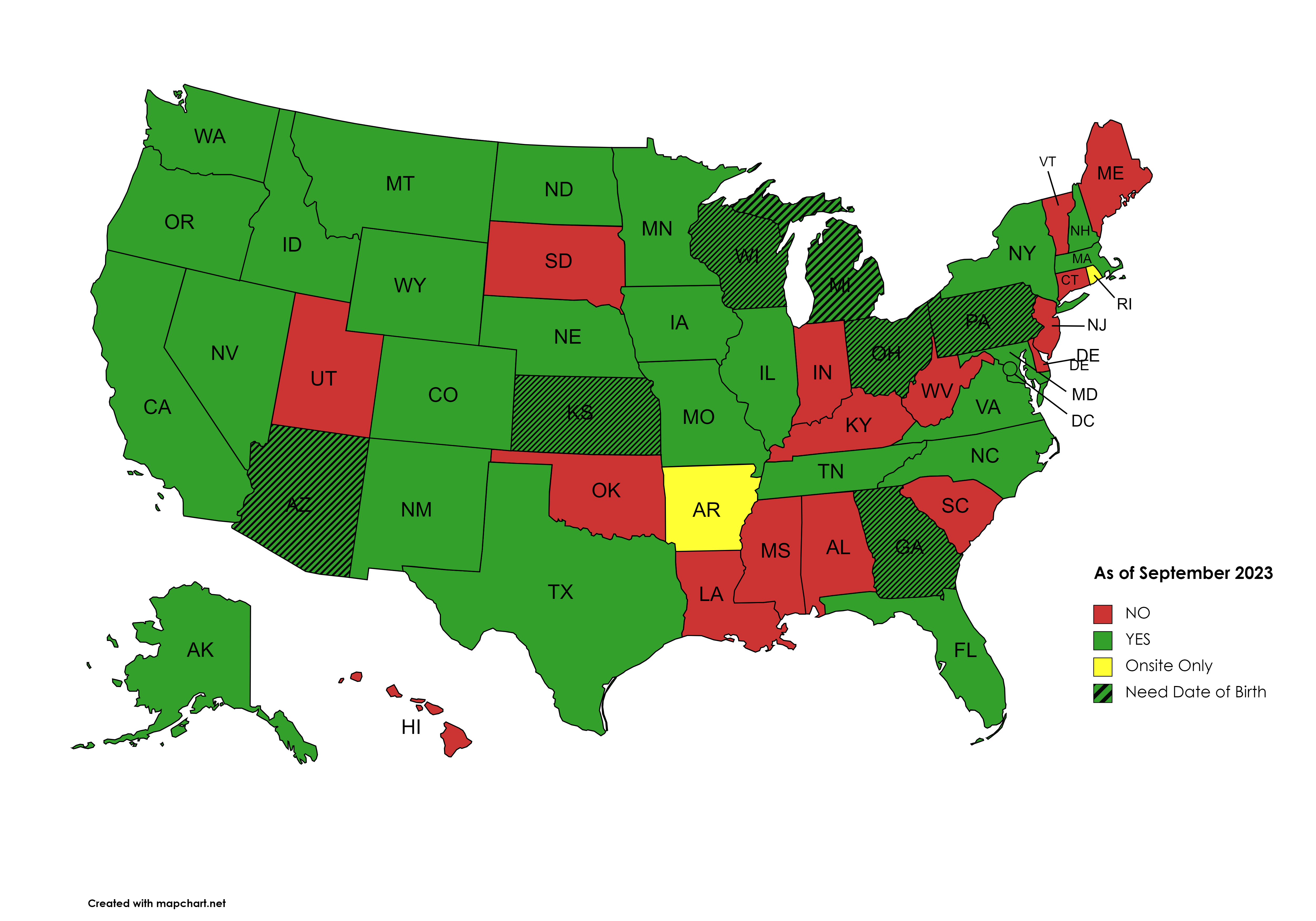 US Map indicating which states are available to ship to